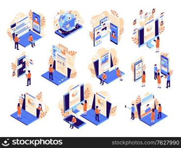 Isometric social media icon set with forum viewing content social network profile and communication descriptions vector illustration