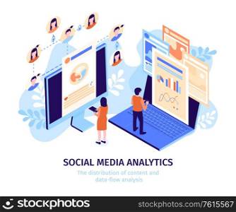 Isometric social media illustration with social media analytic headline and viewing content vector illustration