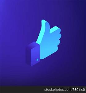 Isometric social media thumb up icon illustration. Digital marketing service, search engine ranking, social media marketing concept. Blue violet background. Vector 3d isometric illustration.. Isometric social media marketing illustration.
