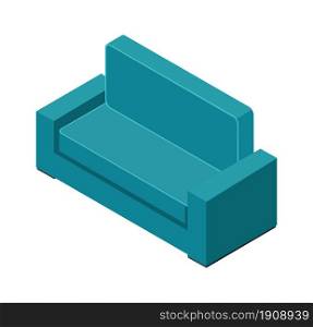 Isometric sofa, design game interior 3d icon. Green sofa isometric design, furniture interior vector illustration for home room and office. Isometric sofa, design game interior 3d icon