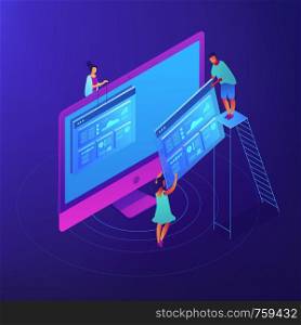 Isometric specialists analyzing website statistics charts on screen illustration. SEO strategy, optimize, search engine results page concept. Blue violet background. Vector 3d isometric illustration.. Isometric SEO analysis illustration.