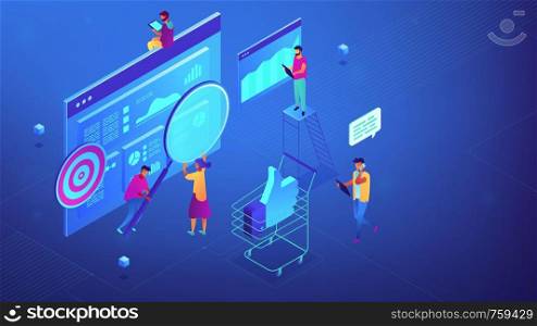 Isometric specialists working on digital marketing strategy illustration. Digital marketing, seo, digital analysis, profit concept. Blue violet background. Vector 3d isometric illustration.. Isometric digital marketing strategy team illustration.