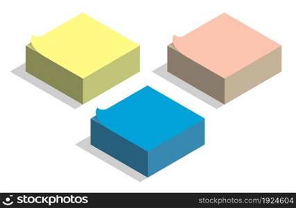 Isometric stack of paper sticky notes for recording tasks and reminders. Realistic 3D vector isolated on white background