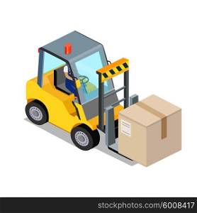 Isometric stackers icon design style flat. Box freight, truck distribution, transportation storehouse, cardboard and crate, package product, forklift and cargo. Stackers icon isolated. 3D Cargo lift