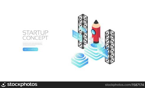 Isometric startup concept, pencil rocket, business concept
