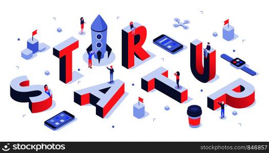 Isometric startup lettering. Company launch, startups business banner and abstract creative. Creativity it startup teams meeting or teamwork 3d vector background illustration. Isometric startup lettering. Company launch, startups business banner and abstract creative vector background illustration