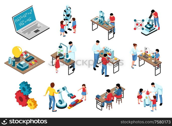 Isometric stem education set of isolated icons with laboratory equipment gear and human characters with robots vector illustration