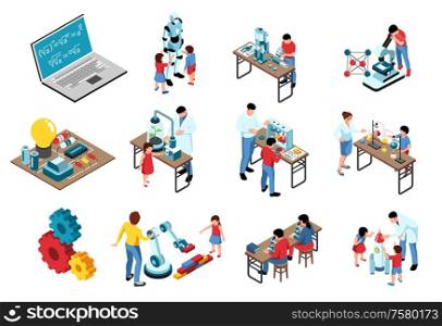 Isometric stem education set of isolated icons with laboratory equipment gear and human characters with robots vector illustration