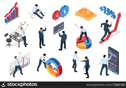 Isometric stock market exchange trading finance set of isolated icons with graphs diagram signs and people vector illustration