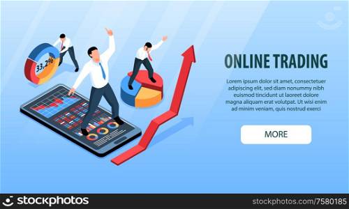 Isometric stock market exchange trading horizontal banner with conceptual images of office workers with infographic objects vector illustration