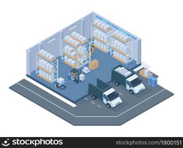 Isometric storage building, modern warehouse interior. Storage forklift trucks, pallet trolley, shelves and delivery lorry vector illustration. Warehouse buildings interior. Building warehouse. Isometric storage building, modern warehouse interior. Storage forklift trucks, pallet trolley, shelves and delivery lorry vector illustration. Warehouse buildings interior