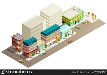 Isometric Store Buildings Concept. Many storeyed urban store buildings in street with few cars isometric concept on white background vector illustration