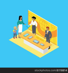 Isometric store children tablet design flat. 3D kids tablet, school tablet, child computer, store computer child, purchase tablet for kid , shopping electronic tablet, isometric commerce store tablets