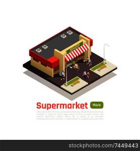 Isometric store mall shopping center concept isolated square piece of earth with store building vector illustration