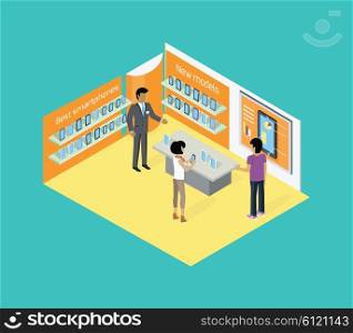Isometric store tablets design flat. Tablet store isometric, technology tablet screen, purchase tablet, man shopping tablet, tablet shop, electronic commerce, best price, new goods tablet illustration