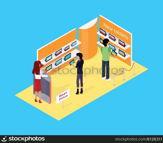 Isometric store tablets design flat. Technology tablet screen, purchase man shopping tablet, tablet shop, electronic commerce, best price, new goods vector illustration