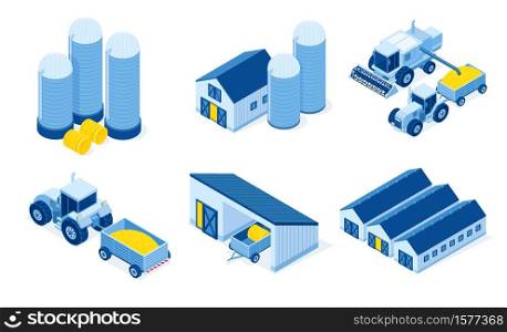 Isometric storehouse, granary and tractor machinery. Warehouse buildings for grain and hay harvest storage, industrial hangars and agricultural vehicles for farming works, 3d vector illustration set. Isometric storehouse and agricultural machinery
