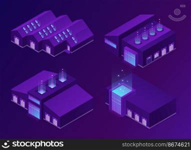 Isometric storehouse, logistics warehouse or factory buildings with lifting door, glass facade and ventilation system. Cargo and freight storage, industrial hangars 3d vector neon glowing illustration. Isometric storehouse logistics warehouse buildings