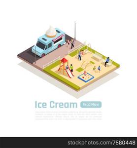Isometric street carts trucks colored composition with ice cream truck stopped near the playground vector illustration
