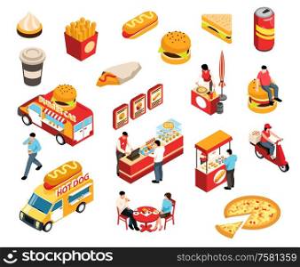 Isometric street food set with isolated icons of fast food products beverage drinks trucks and people vector illustration