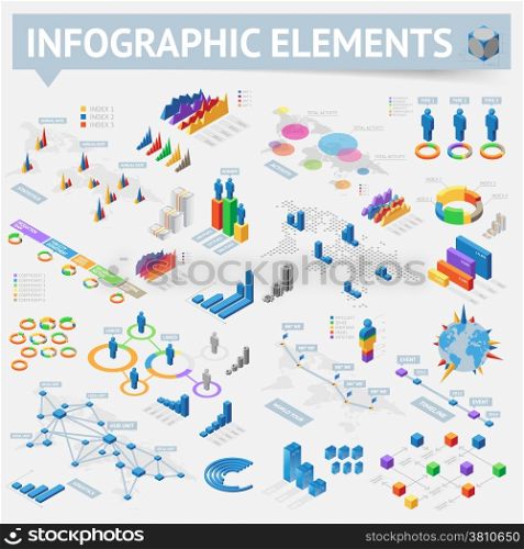 Isometric style infographics with data icons, world map charts and design elements. Vector illustration.