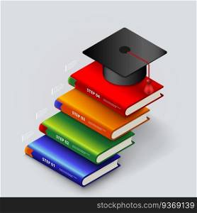 Isometric style steps to graduation vector illustration. Book staircase with step 1 to 4 to the graduate cap. Education and knowledge concept.