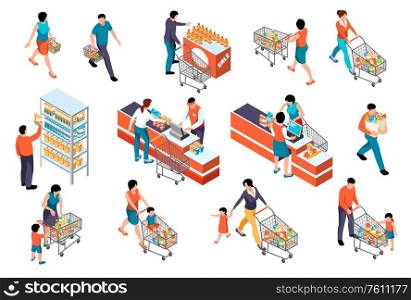 Isometric supermarket color set with human characters of market visitors collecting goods with baskets and cashiers vector illustration