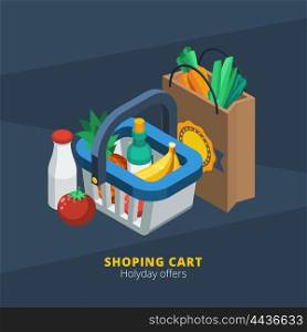 Isometric Supermarket Icon. Isometric supermarket icon with shopping basket paper pack and food vector illustration
