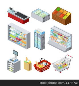 Isometric Supermarket Icons Set . Supermarket shelves showcases freezer cashier counter and customer shopping basket abstract isometric icons collection isolated vector illustration