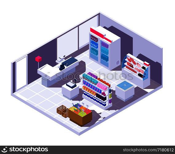 Isometric supermarket interior. 3d grocery store with food products. Supermarket store, market isometric grocery, shop interior with refrigerator and showcase illustration. Isometric supermarket interior. 3d grocery store with food products