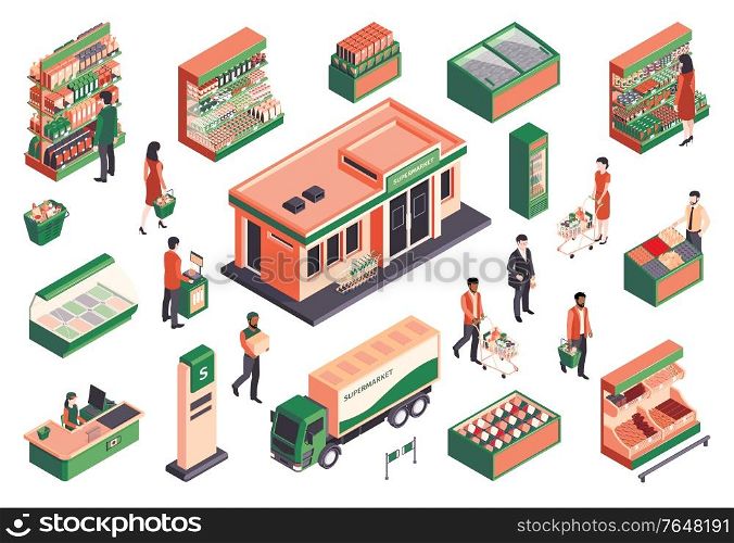 Isometric supermarket people set of isolated icons human characters with images of entrance and delivery truck vector illustration