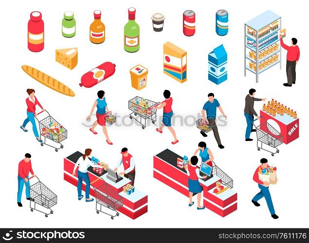 Isometric supermarket set with isolated icons of products and characters of shopping people with store baskets vector illustration