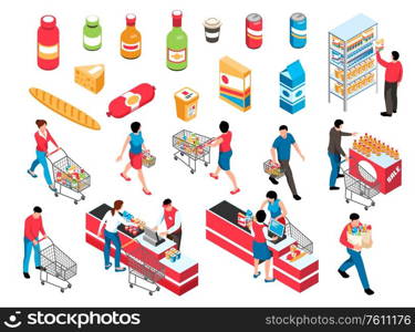 Isometric supermarket set with isolated icons of products and characters of shopping people with store baskets vector illustration