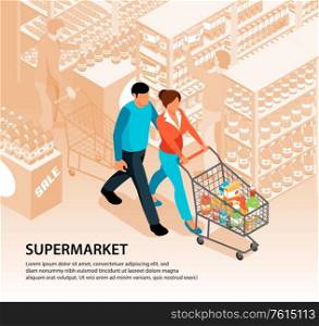 Isometric supermarket shopping background composition with text hypermarket scenery and couple characters walking with basket cart vector illustration