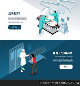 Isometric surgeon doctor horizontal banners collection with images of consultation surgical operation text and clickable buttons vector illustration