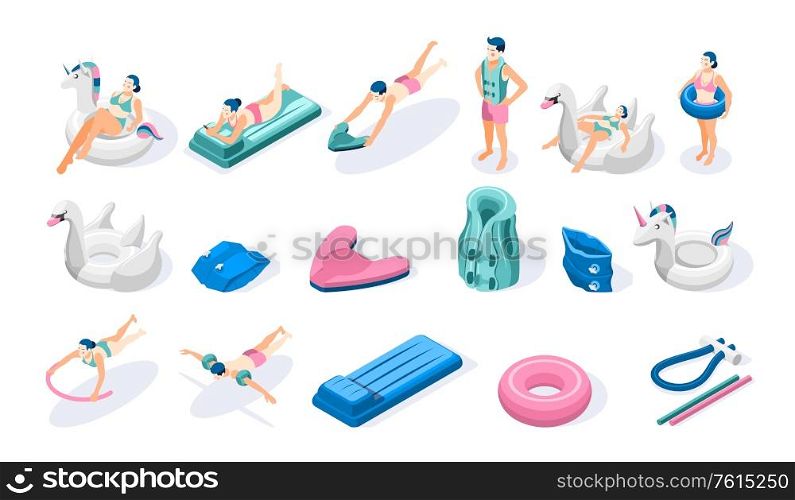Isometric swimming aids icons set with people inflatable ring air bed noodle arm band isolated on white background 3d vector illustration