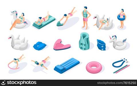 Isometric swimming aids icons set with people inflatable ring air bed noodle arm band isolated on white background 3d vector illustration