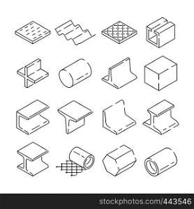 Isometric symbols of metallurgy. Pictures of iron and steel tools. Vector illustration in linear style. Metal tool and linear, pipe production, profile armature. Isometric symbols of metallurgy. Pictures of iron and steel tools. Vector illustration in linear style
