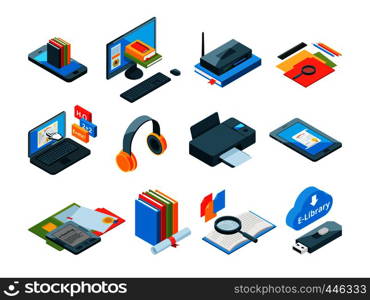 Isometric symbols of online education. Icons of e learning. Computer, laptop, smartphone and other gadgets for teaching. Isometric laptop computer and device book. Vector illustration. Isometric symbols of online education. Icons of e learning. Computer, laptop, smartphone and other gadgets for teaching