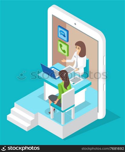 Isometric tablet. Online consultation doctor with patient woman. Healthcare and treatment. Medical app, virtual help at distance. Communicating with doctor through videocall. Online medicine. Isometric tablet, online consultation with doctor, online medicine, virtual medical help at distance