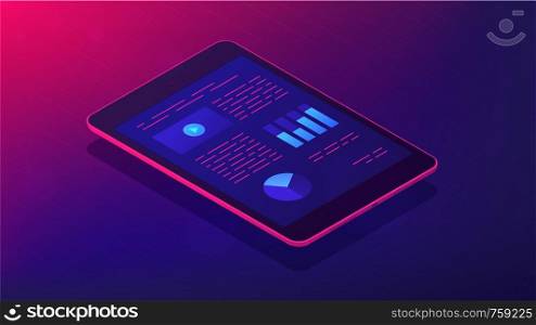 Isometric tablet with analysis infographic app on the screen. Appliacantion with charts and graphics analitycs data on the tablets screen. Fiancial app concept in violet. Vector ultraviolet background. Analysis app for tablet 3d isometric vector illustration