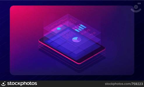 Isometric tablet with cloud analysis app information. Cloud application with charts graphics report data on the screen. Financial cloud app concept in violet color. Vector 3d ultraviolet background. Analysis cloud app concept 3d isometric vector illustration