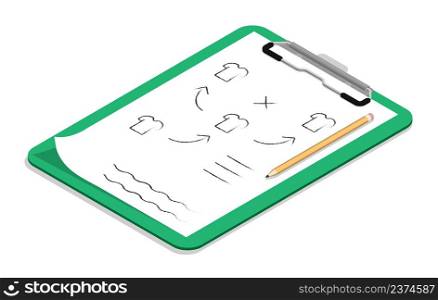Isometric Tablet with with plan diagram of arrangement of players on football field. Leading coach by team players during game. Realistic 3D vector isolated on white back