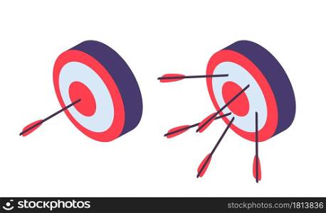 Isometric targets. Archery, arrow in goal and failure. Business ambitions metaphor, success and fail illustration. Isolated darts game vector icons. Aim achievement, sport target isometric. Isometric targets. Archery, arrow in goal and failure. Business ambitions metaphor, success and fail illustration. Isolated darts game vector icons