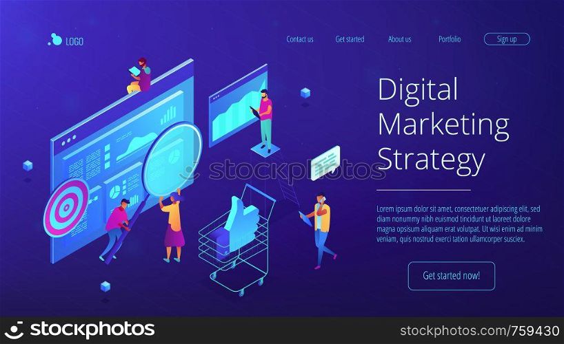 Isometric team of specialists working on digital marketing strategy landing page. Digital marketing, seo, digital analysis, profit concept. Blue violet background. Vector 3d isometric illustration.. Isometric digital marketing strategy landing page.
