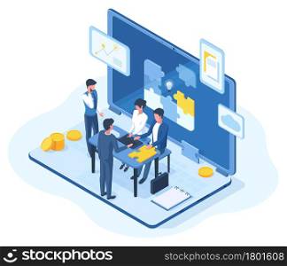Isometric teamwork, brainstorming team meeting 3d concept. People creative business team brainstorming vector illustration. Office teamwork characters coworking, searching solution online. Isometric teamwork, brainstorming team meeting 3d concept. People creative business team brainstorming vector illustration. Office teamwork characters