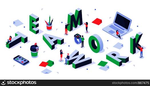Isometric teamwork lettering. Creative team, business people partnership and successful people working together. Work team partnership, working cooperation togetherness vector illustration. Isometric teamwork lettering. Creative team, business people partnership and successful people working together vector illustration