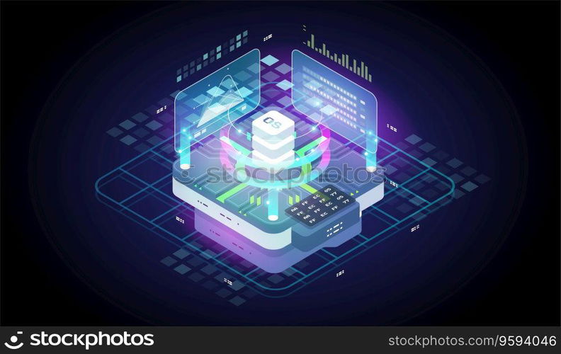 Isometric tech illustration. Software development and programming. Digital Technology Web Banner. Big data processing computing. Analysis and Information.