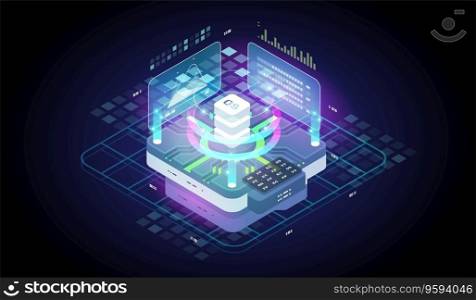 Isometric tech illustration. Software development and programming. Digital Technology Web Banner. Big data processing computing. Analysis and Information.
