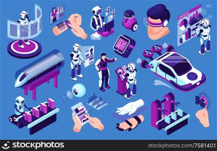Isometric technologies future robot set of isolated robots and human characters high speed transport and gadgets vector illustration